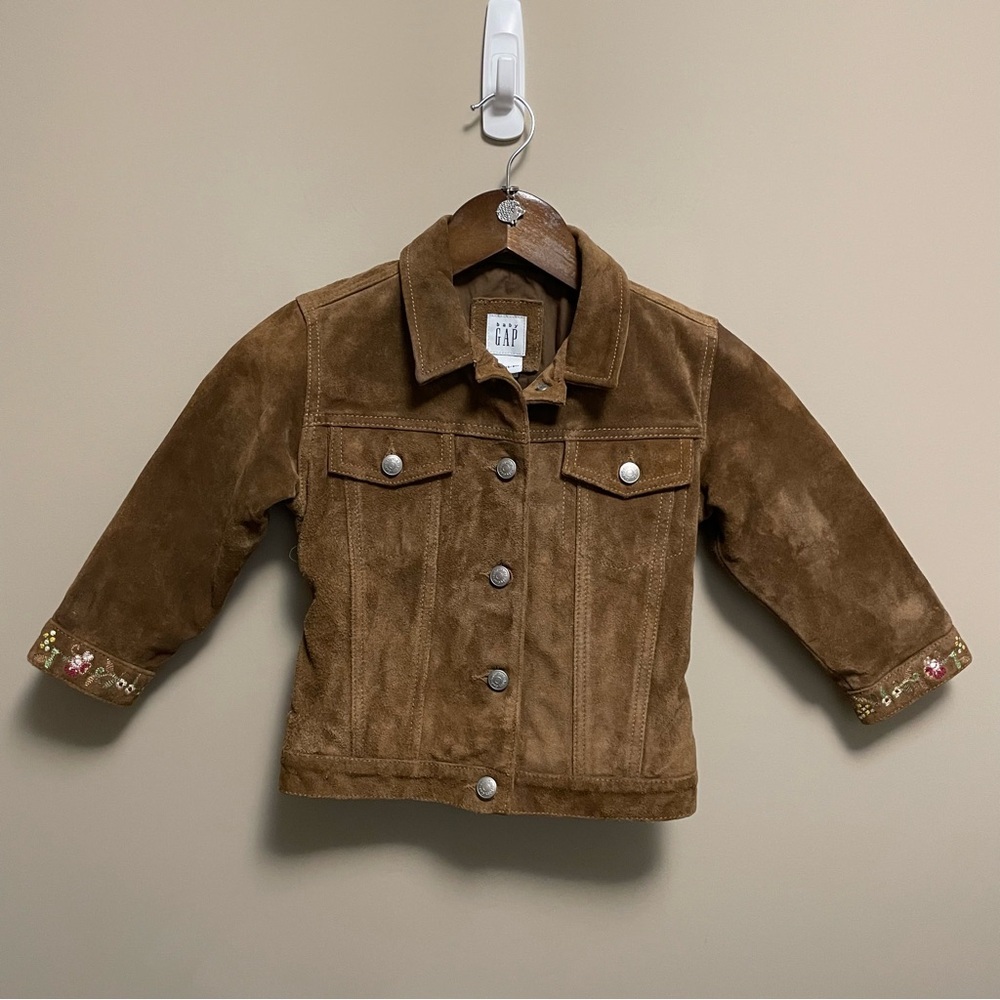 Baby Gap Real Leather Suede Jacket With Floral Embroidery Size 2-3 Years